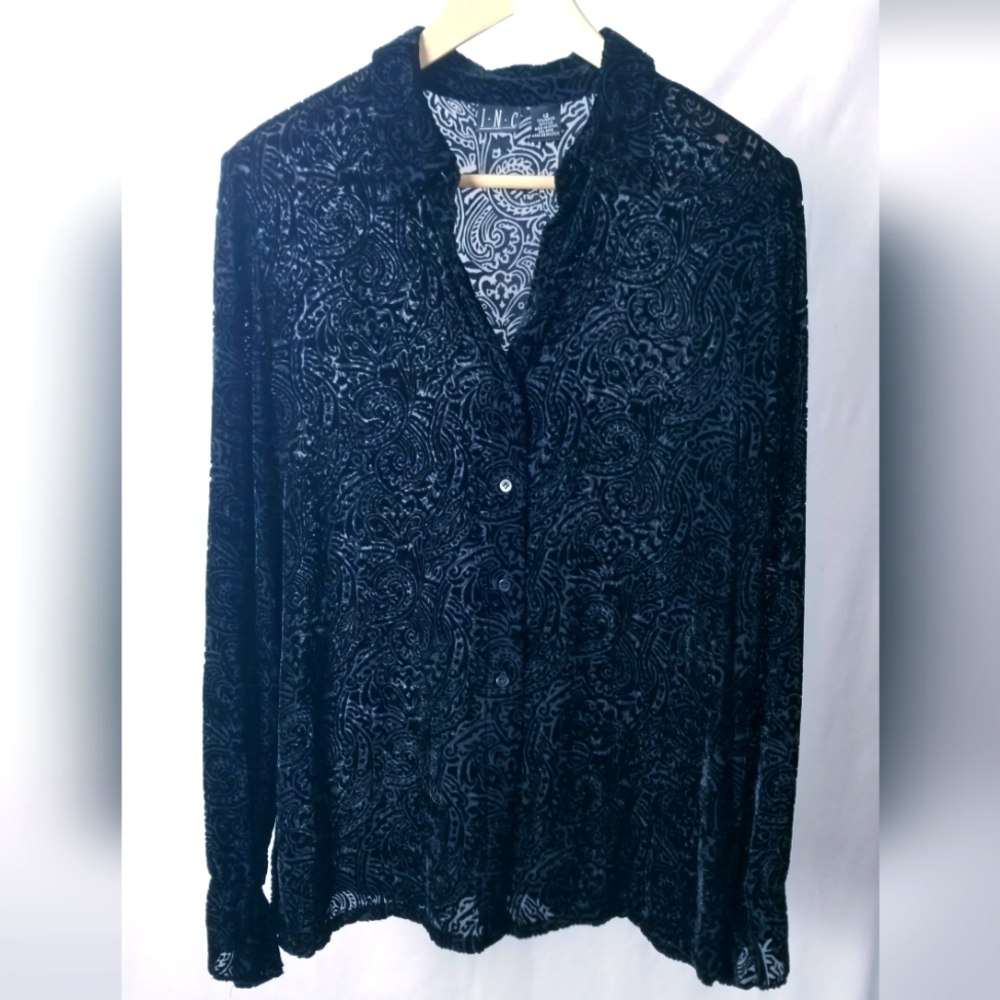 Vintage Sheer Black Velvet Paisley INC Frill Cuff Long Sleeve Button Up Blouse